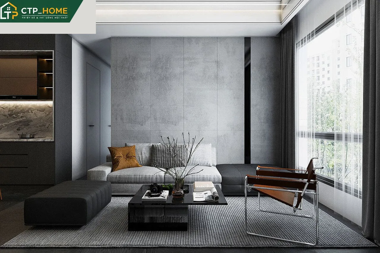Thiết kế nội thất phòng khách chung cư Akari City 55m2 hiện đại với sofa góc và kệ tivi gỗ sồi tự nhiên