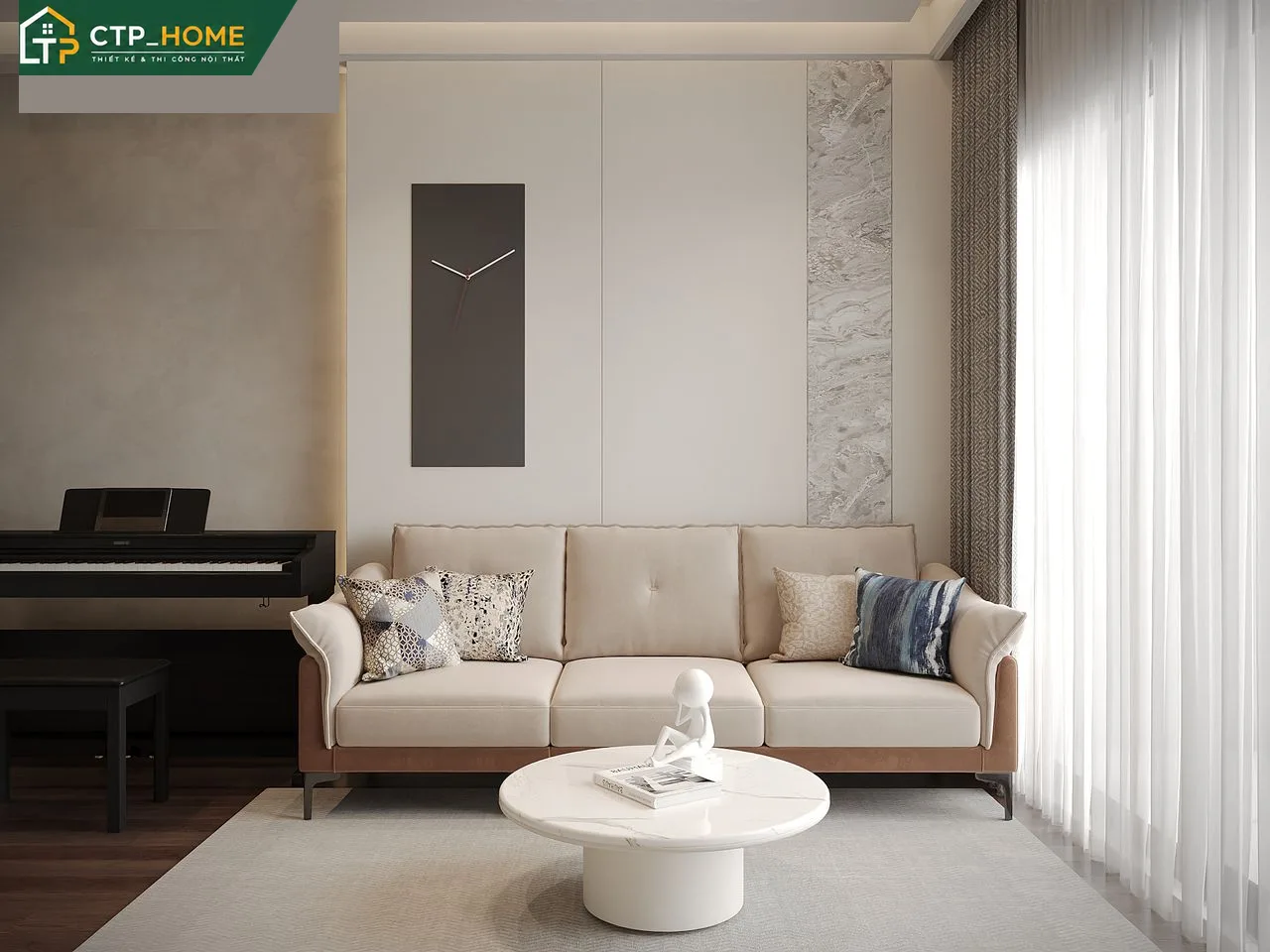 Thiết kế nội thất phòng khách chung cư Akari City 99m2 3PN với sofa góc cao cấp và kệ tivi gỗ óc chó