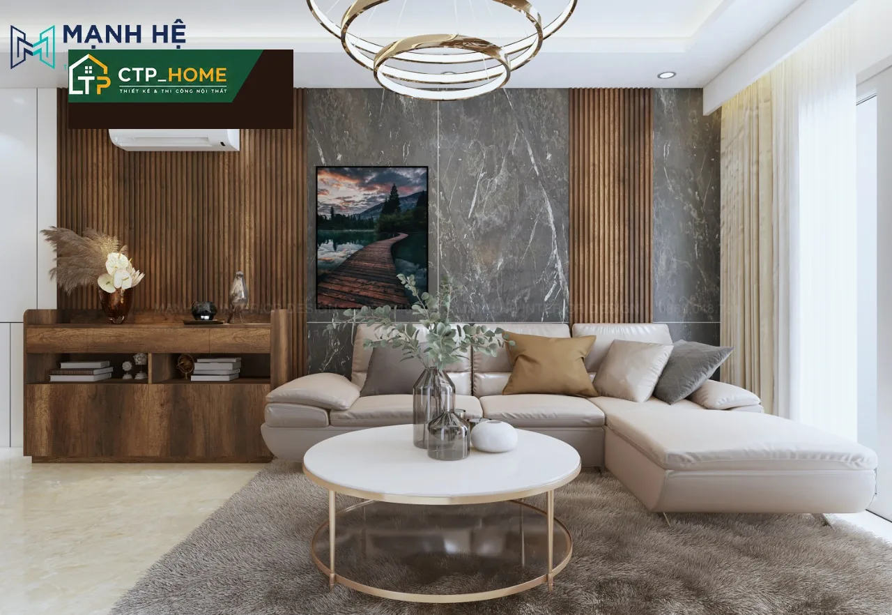 Phối cảnh phòng khách chung cư Sky Center 67m2 thiết kế hiện đại bởi CTP_HOME
