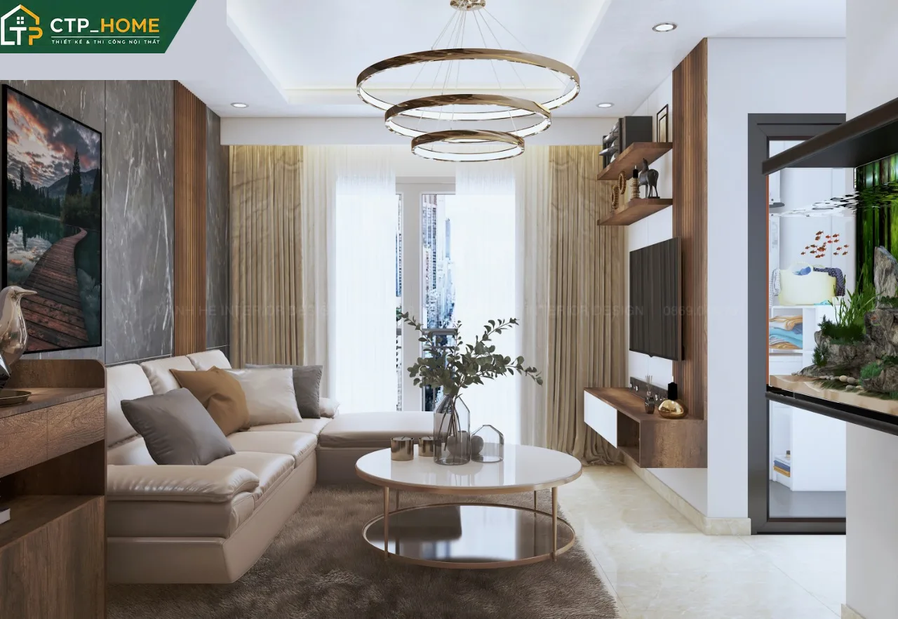 Góc bếp hiện đại chung cư Sky Center 67m2 với hệ tủ chữ L và đảo bếp nhỏ gọn