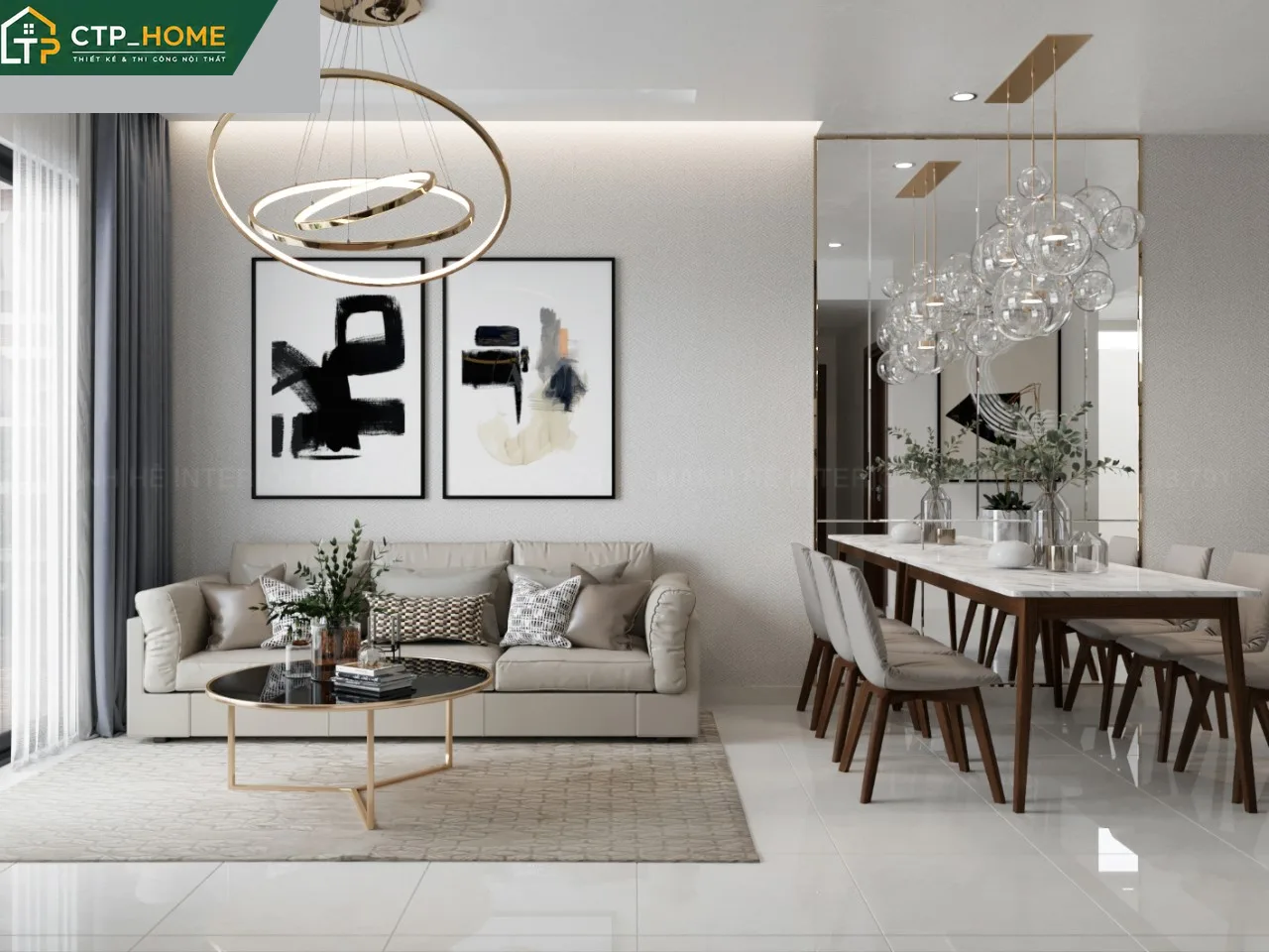 Phòng khách chung cư The Botanica Phổ Quang 73m2 thiết kế hiện đại với sofa góc và kệ tivi gỗ óc chó