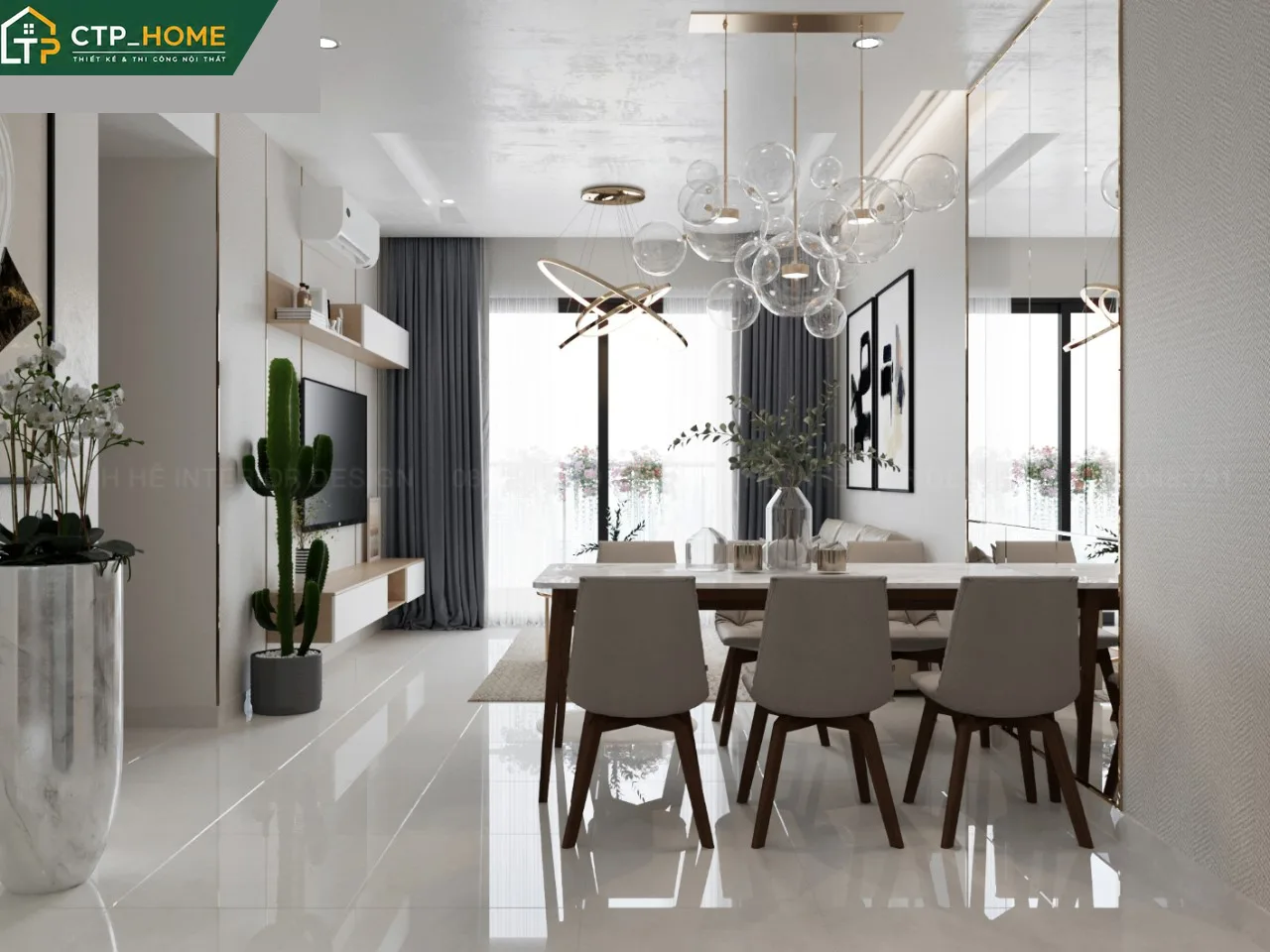 Phòng bếp chung cư The Botanica Phổ Quang 73m2 với tủ bếp gỗ óc chó và mặt đá marble trắng