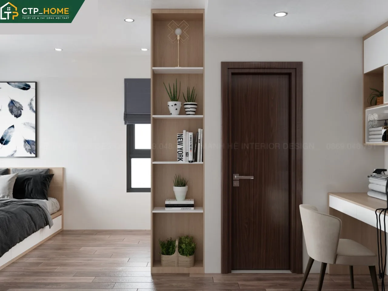 Phòng ngủ chính chung cư The Botanica Phổ Quang 73m2 với đầu giường bọc nỉ và tủ quần áo cánh lùa