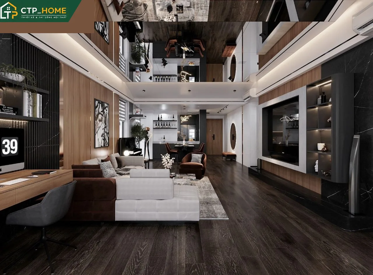 Phòng khách chung cư Artex Building 150m2 thiết kế hiện đại với sofa góc da cao cấp và kệ tivi gỗ óc chó