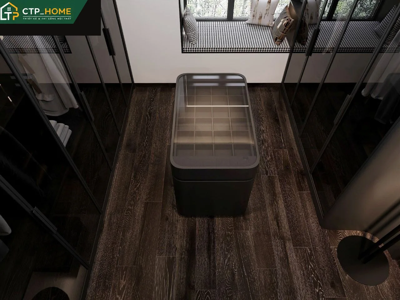 Phòng ngủ master chung cư Artex Building 150m2 với giường gỗ óc chó, đầu giường bọc da và hệ tủ âm tường tích hợp dressing room