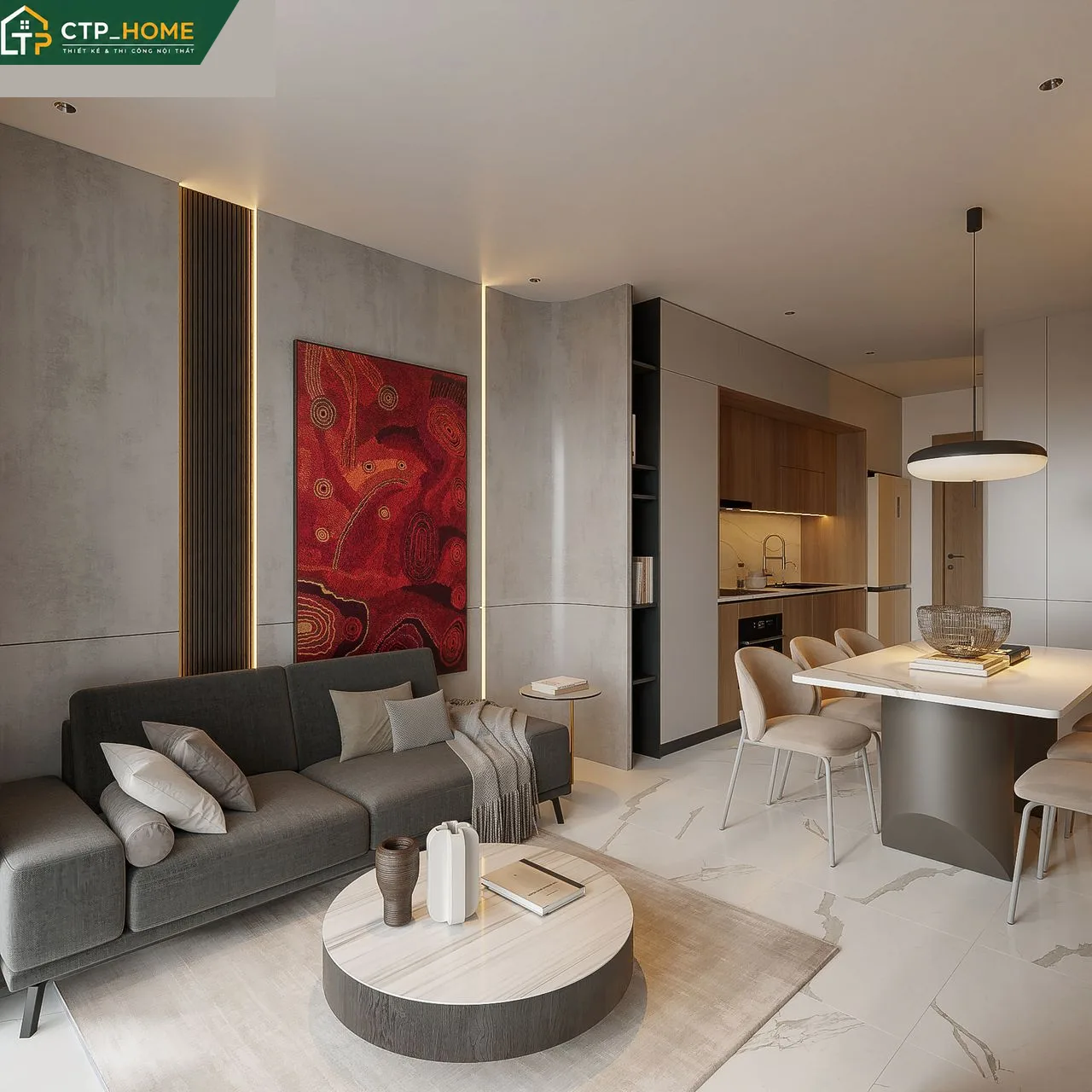 Thiết kế nội thất chung cư Beverly Solari 58m2 phong cách hiện đại tối giản với gam màu trung tính và đường nét gọn gàng