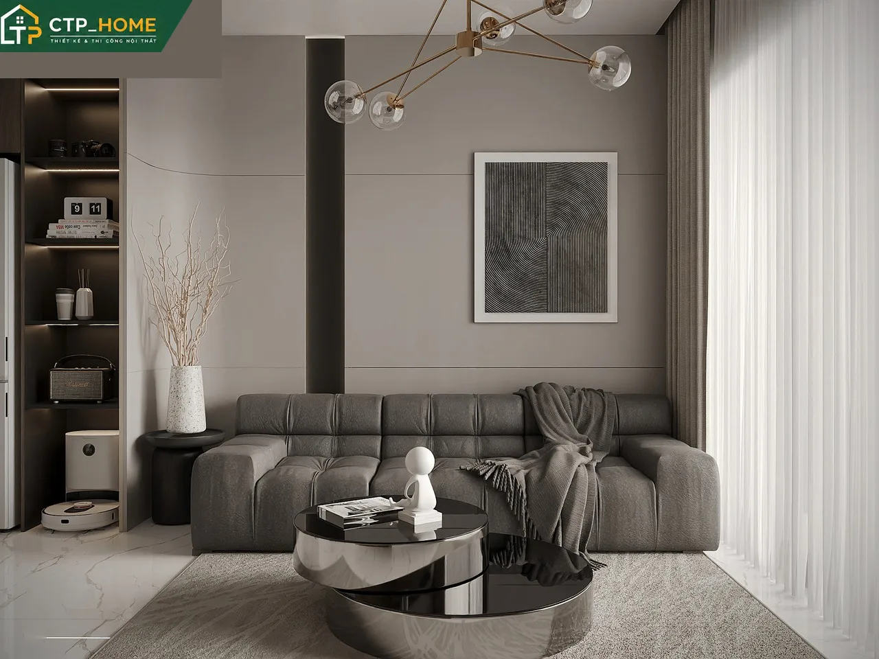 Thiết kế nội thất phòng khách chung cư Beverly Solari 58m2 với tone xám – be chủ đạo và nội thất gỗ óc chó nhập khẩu