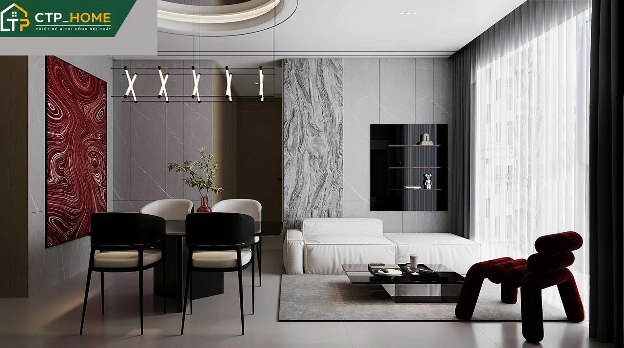 Phòng khách chung cư Beverly Vinhomes 72m2 thiết kế mở với sofa góc và kệ tivi gỗ sồi tự nhiên