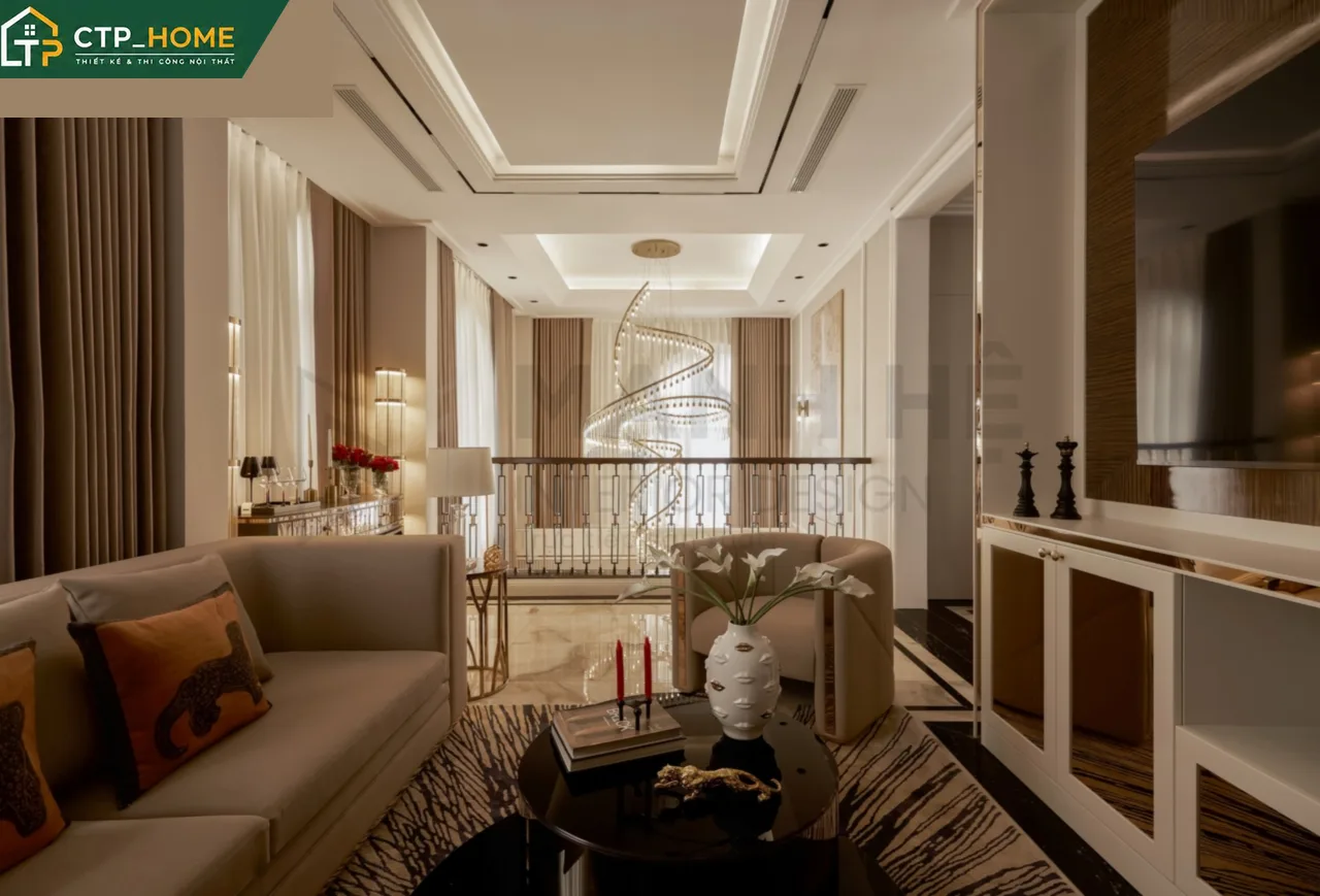Khu vực cầu thang và trang trí đá trong biệt thự 3 tầng Lux