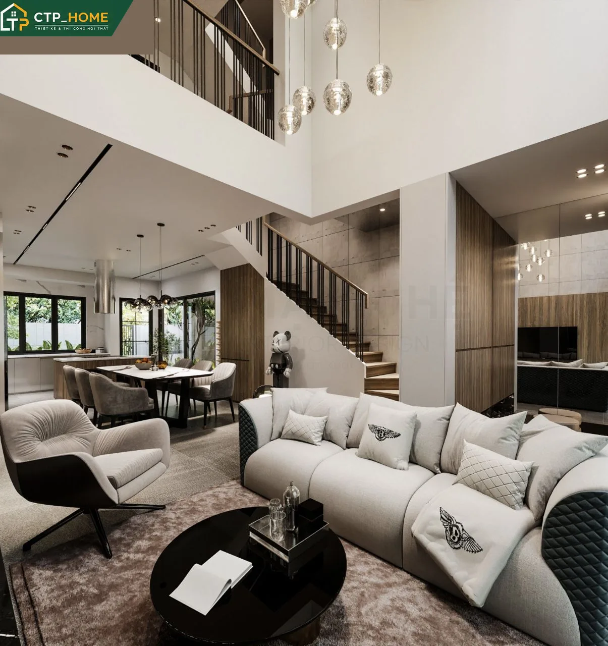 Phòng khách biệt thự Cần Thơ 3 tầng thiết kế hiện đại với sofa da cao cấp và hệ tủ kệ gỗ óc chó