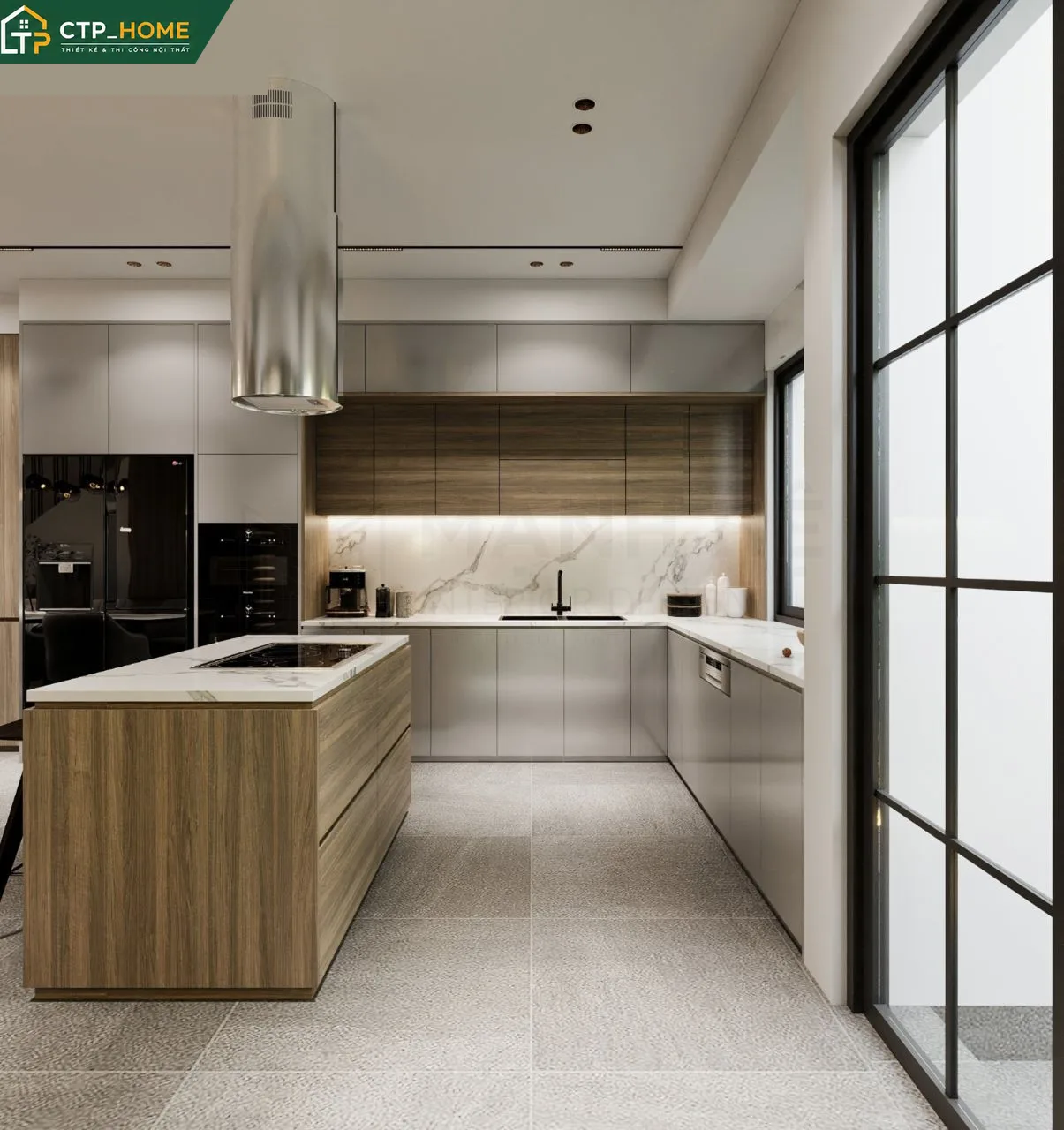 Phòng bếp biệt thự Cần Thơ 3 tầng với tủ bếp chữ L, mặt đá nhân tạo Solid Surface và hệ hút mùi hiện đại