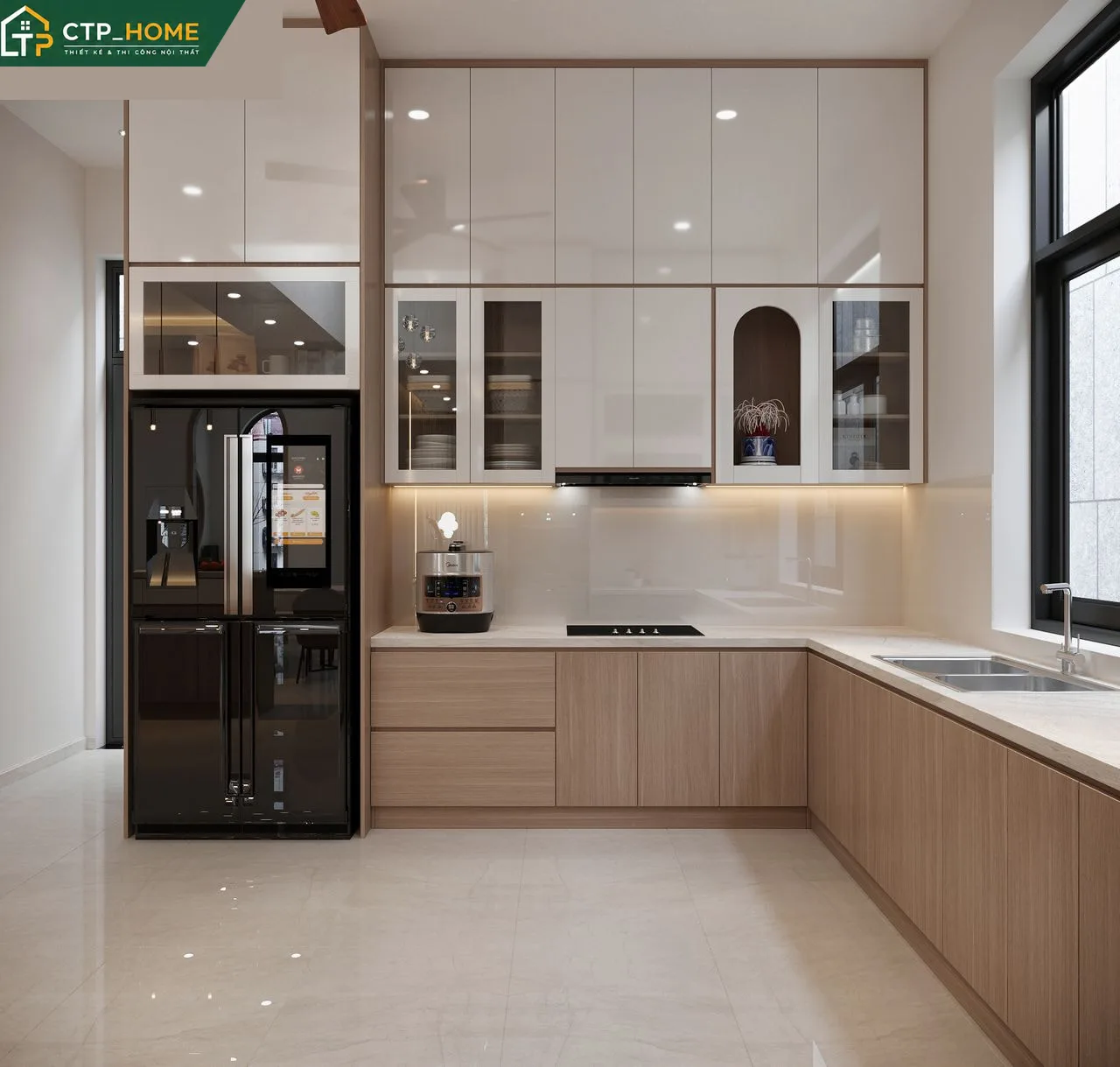 Bếp và phòng ăn biệt thự Đồng Nai 3 tầng với tủ bếp chữ L và đảo bếp liền kề