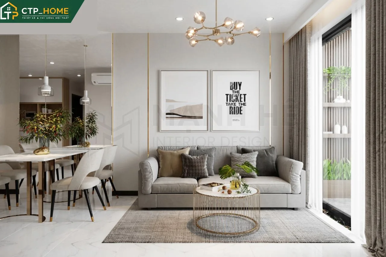 Phối cảnh phòng khách chung cư C-SkyView 79m2 với sofa góc gỗ óc chó và kệ tivi âm tường hiện đại
