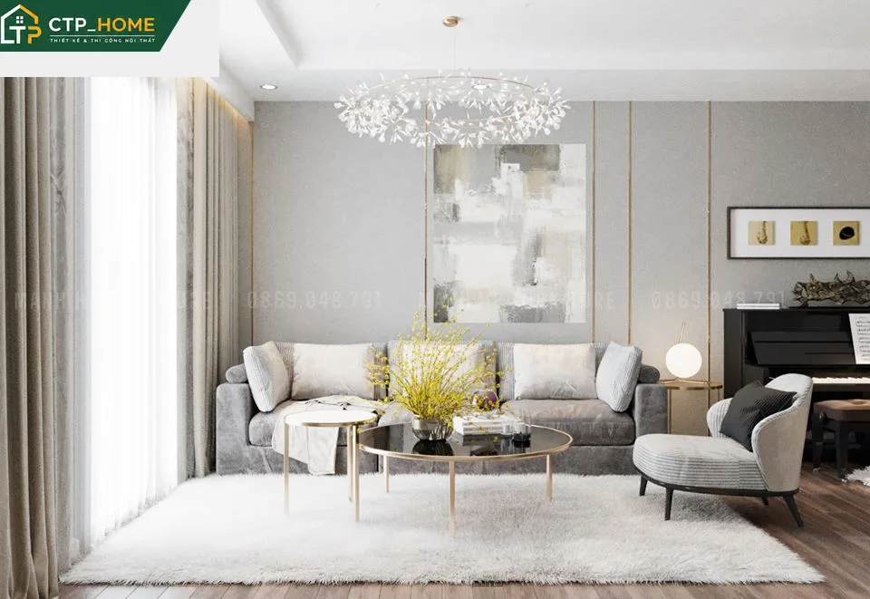 Phối cảnh phòng khách căn hộ City Land 92m2 hiện đại với sofa góc gỗ óc chó và tường ốp gỗ sồi trắng