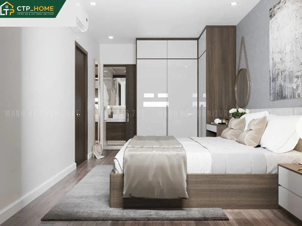 Phòng ngủ chính căn hộ City Land 92m2 với giường gỗ óc chó, đầu giường bọc da mềm và hệ tủ âm tường liền mạch