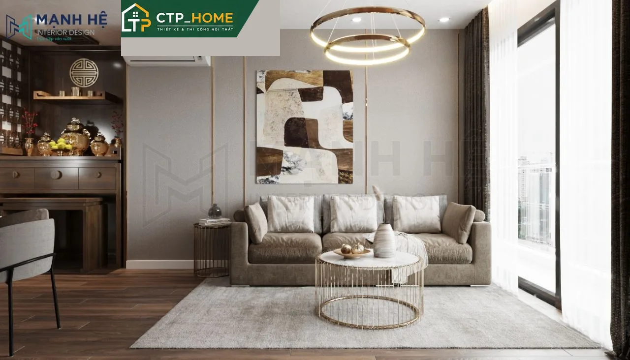 Thiết kế nội thất phòng khách chung cư D'lusso Emerald 98m2 với tone xám – be chủ đạo, sofa da cao cấp và hệ tủ âm tường hiện đại