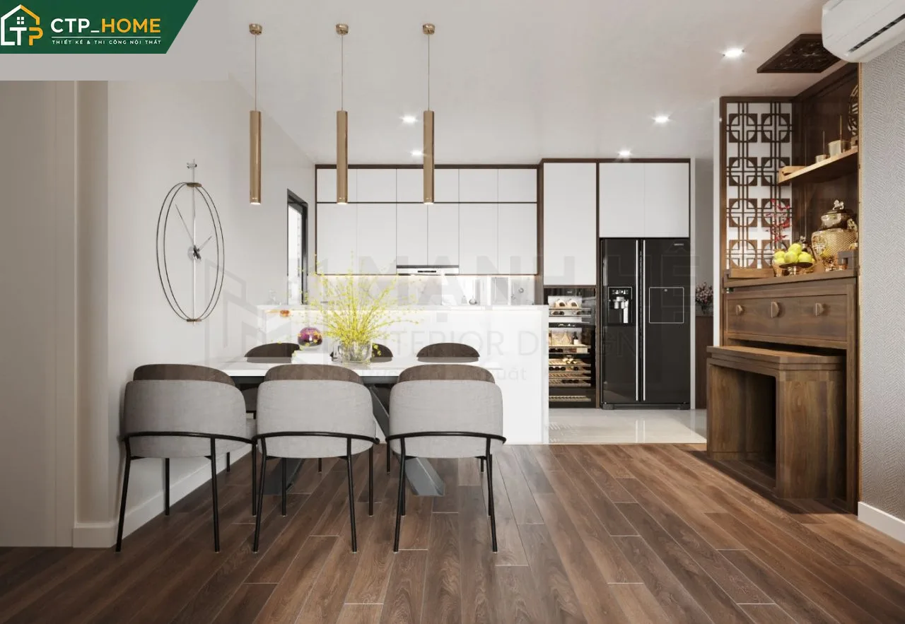 Thiết kế nội thất phòng ngủ master chung cư D'lusso Emerald 98m2 với giường gỗ sồi, đầu giường bọc nỉ và tủ áo âm tường tích hợp gương soi