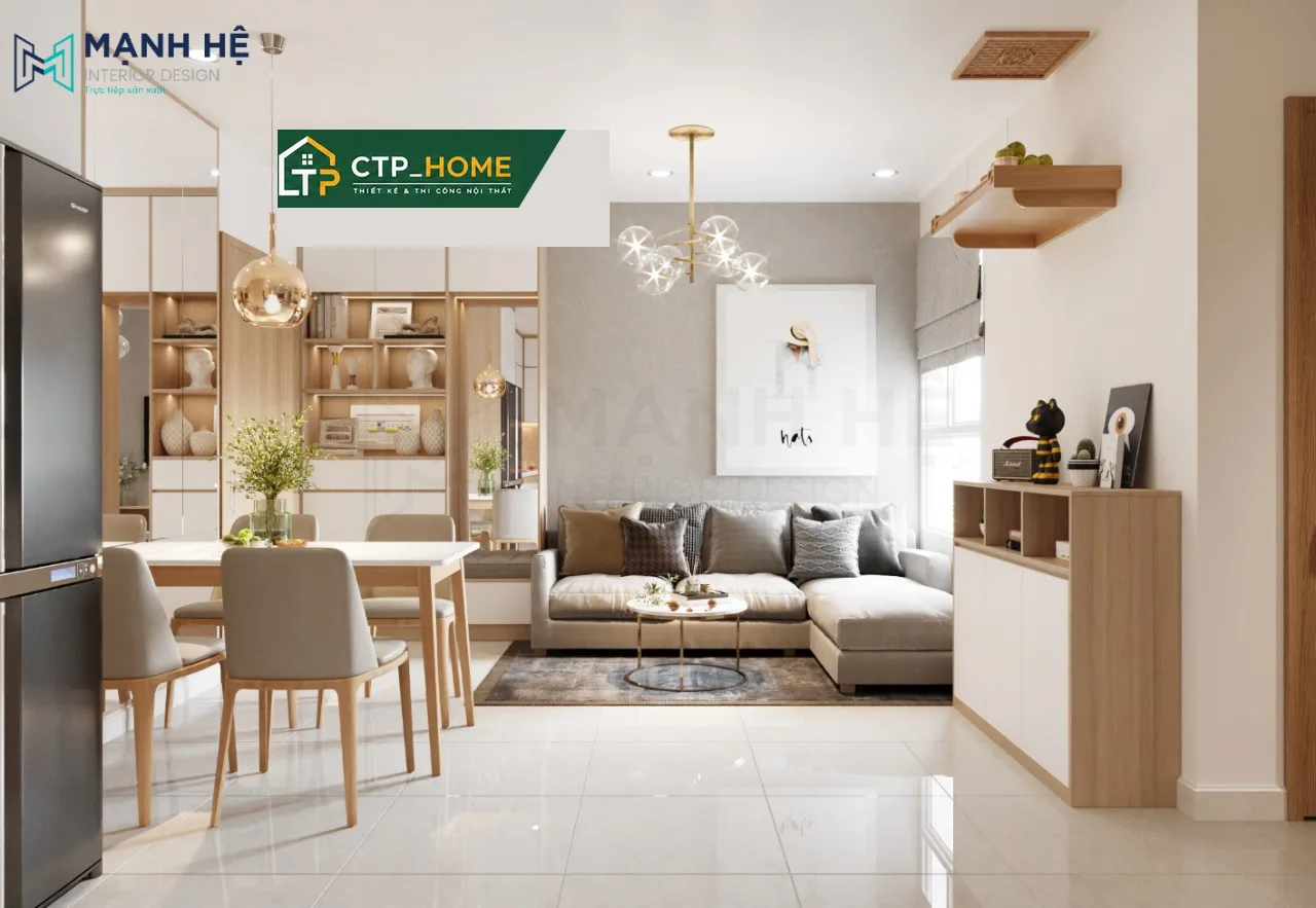 Phòng khách chung cư Dream Home Palace 62m2 với tone trắng – xám – gỗ tự nhiên, sofa góc L và kệ tivi âm tường hiện đại