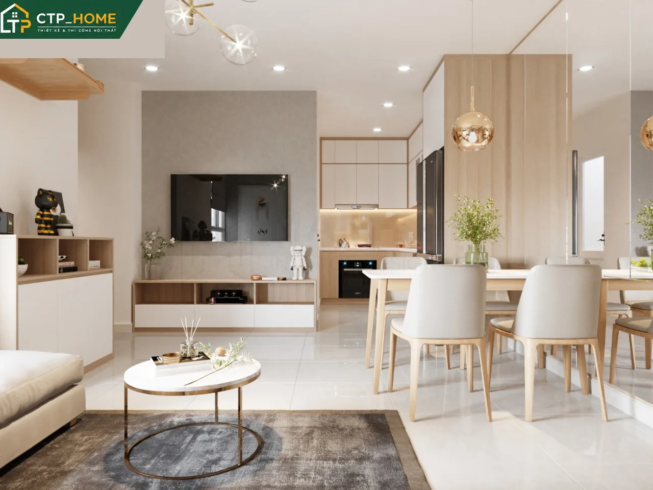 Bếp chung cư Dream Home Palace 62m2 với thiết kế chữ L, mặt đá Solid Surface, tủ trên treo nhẹ và hệ thống hút mùi hiện đại