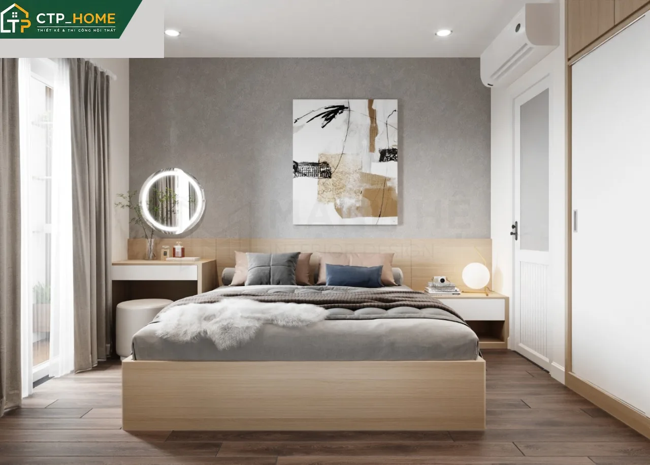 Phòng ngủ chính chung cư Dream Home Palace 62m2 với giường gỗ sồi, đầu giường bọc nỉ và tủ âm tường liền kề