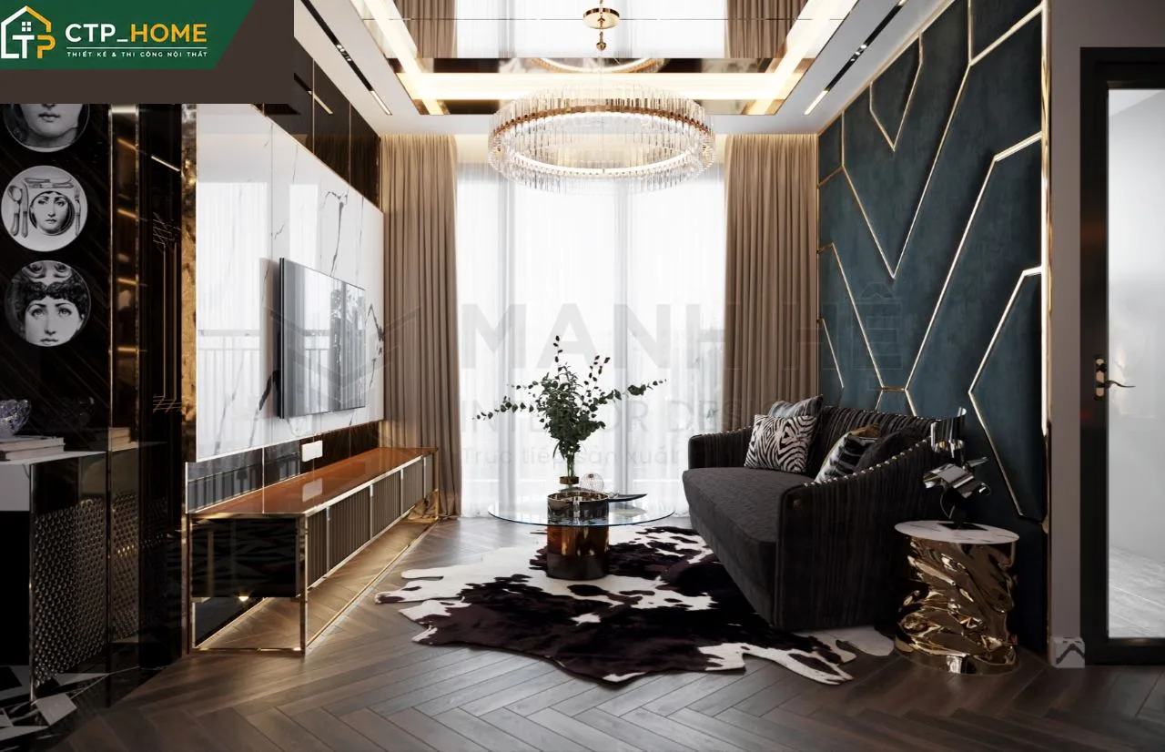 Góc phòng khách chung cư Eco Green 67m2 với sofa góc nâu trầm và kệ tivi gỗ sồi tự nhiên