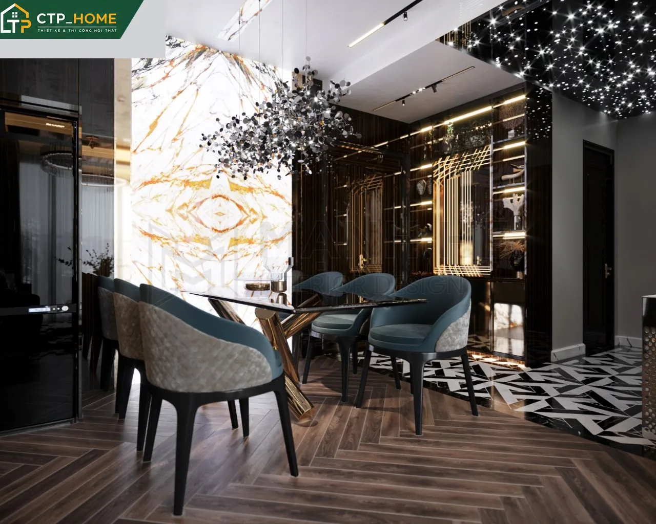 Phòng bếp chung cư Eco Green 67m2 với tủ bếp trắng bóng gương và bàn đảo nhỏ tiện ích