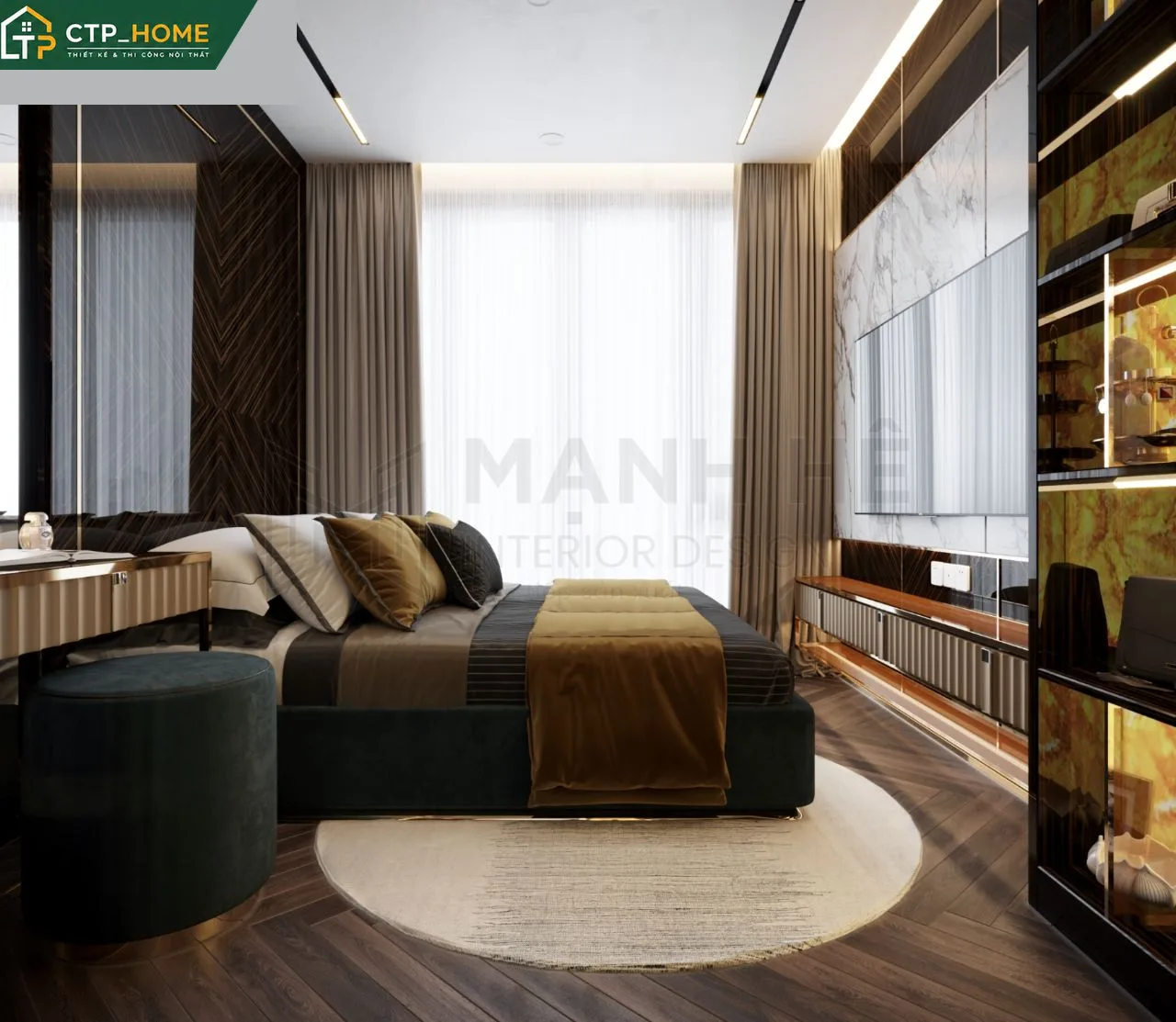Phòng ngủ chính chung cư Eco Green 67m2 với giường gỗ sồi, đầu giường bọc da và hệ tủ âm tường liền mạch
