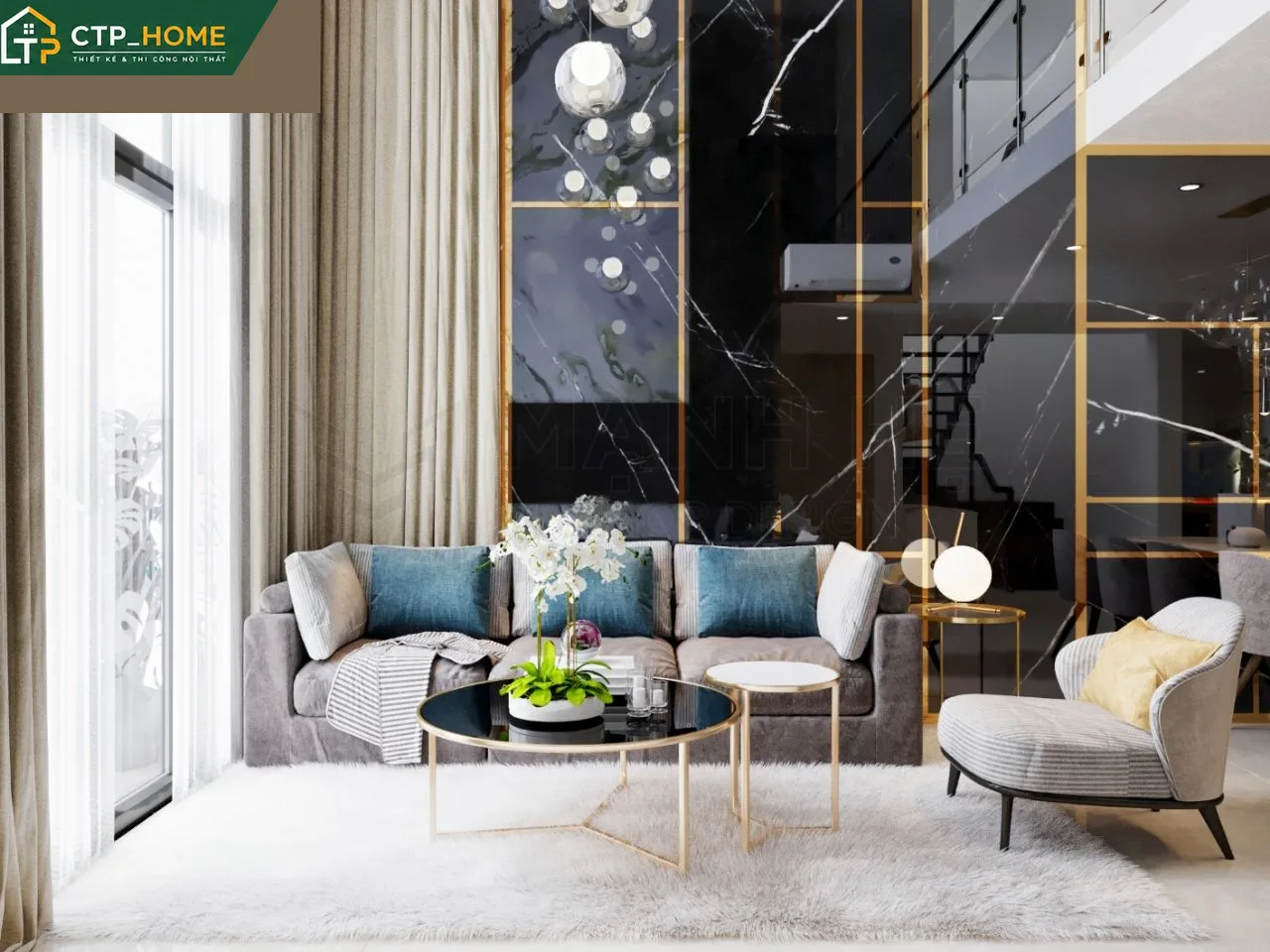 Phối cảnh phòng khách chung cư Emerald Celadon Tân Phú 130m2 với sofa góc cao cấp và hệ tủ kệ gỗ óc chó