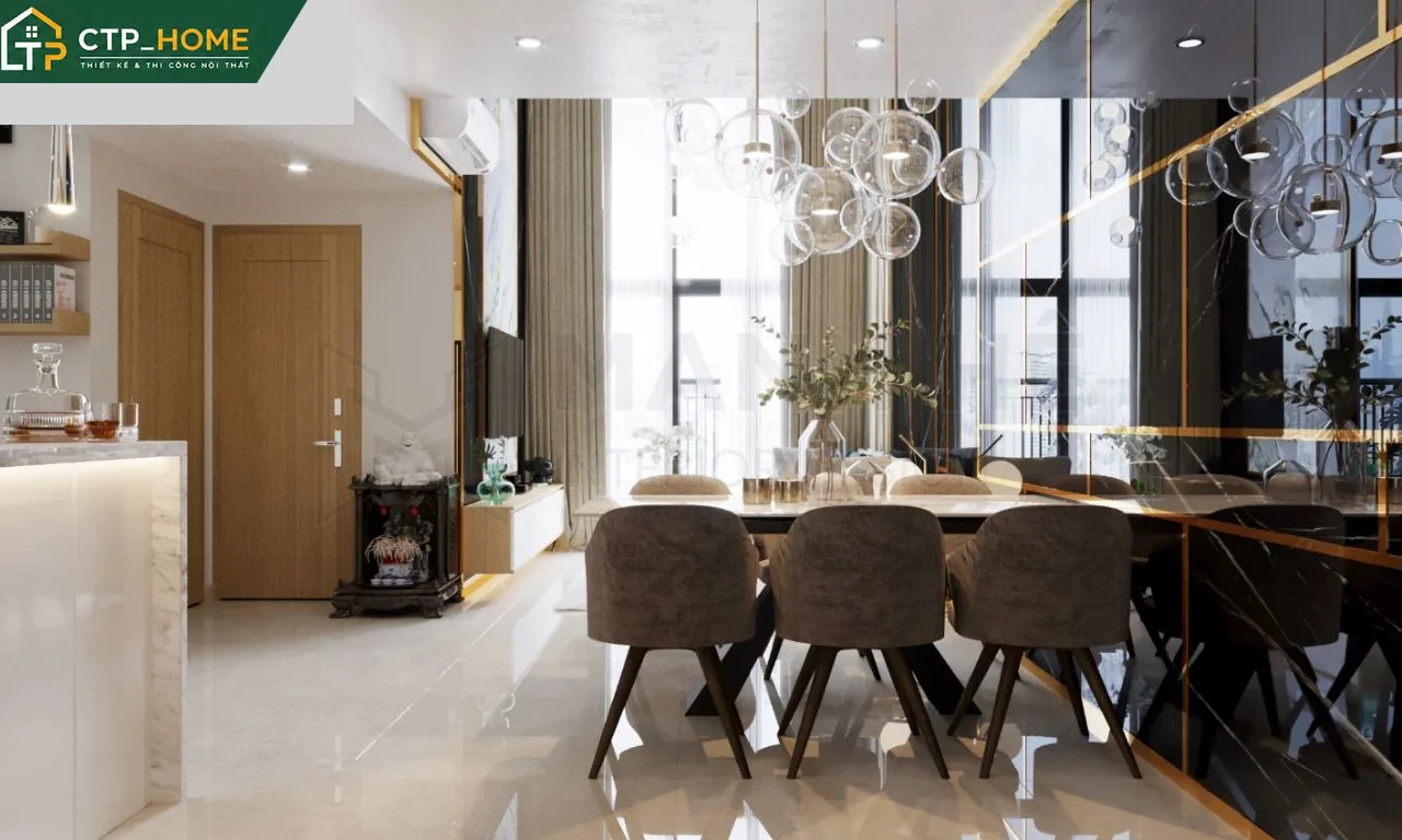 Bếp hiện đại chung cư Emerald Celadon với tủ bếp gỗ óc chó, mặt đá marble và thiết bị nhập khẩu