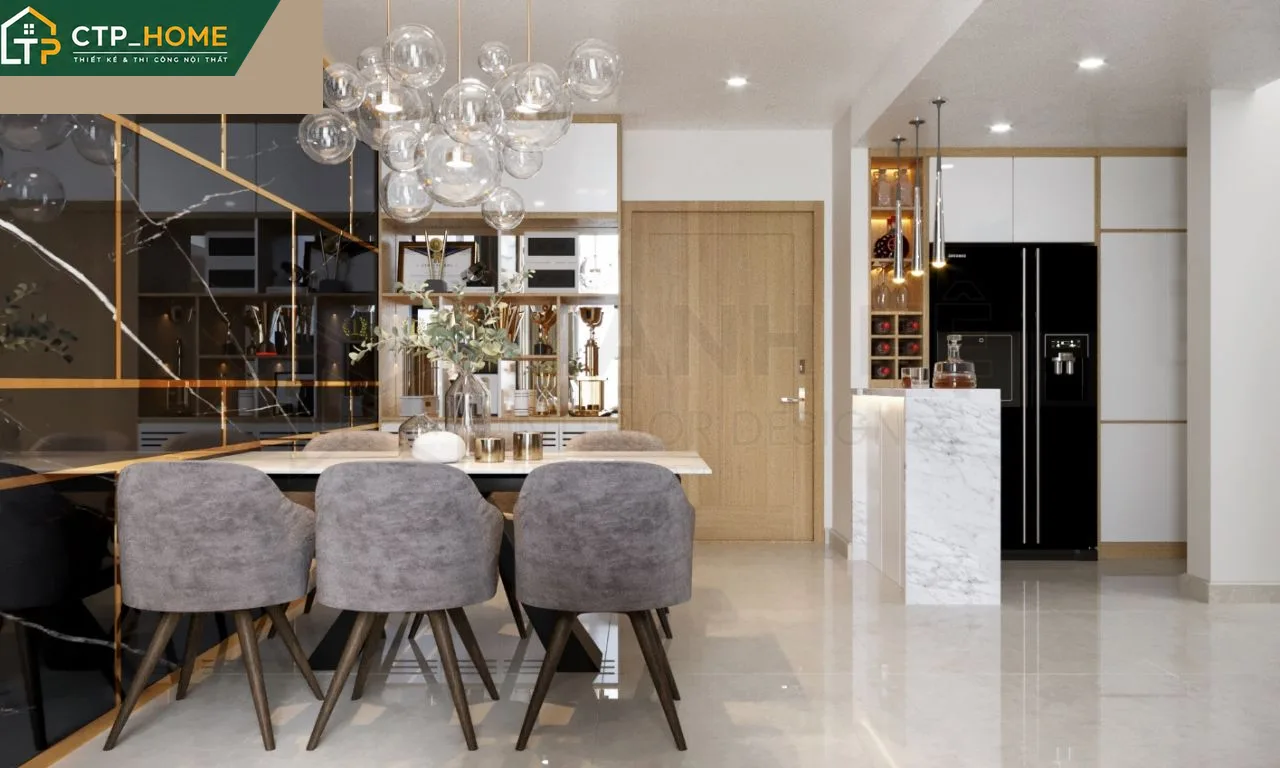 Phòng ngủ master chung cư Emerald Celadon 130m2 với đầu giường bọc da và hệ tủ âm tường tối ưu