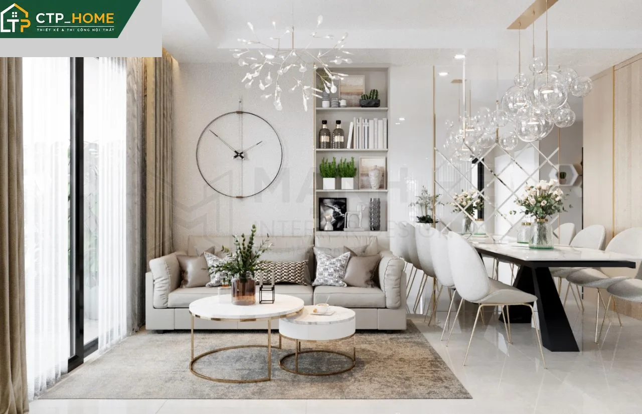 Phòng khách chung cư Gold View 85m2 thiết kế nội thất hiện đại với sofa góc gỗ óc chó và kệ tivi âm tường