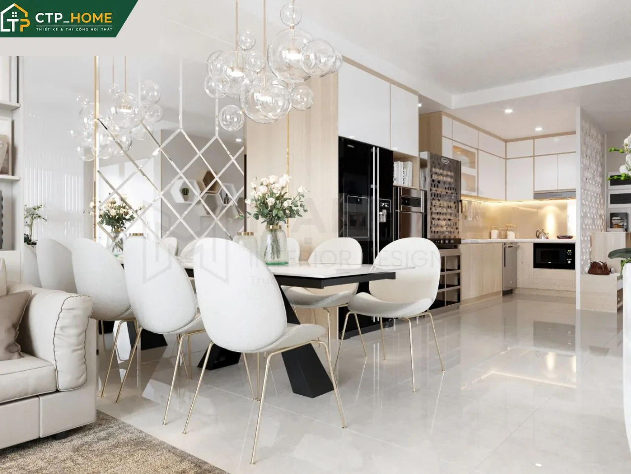 Bếp chung cư Gold View 85m2 thiết kế nội thất hiện đại với tủ bếp gỗ công nghiệp An Cường và đảo bếp đá marble