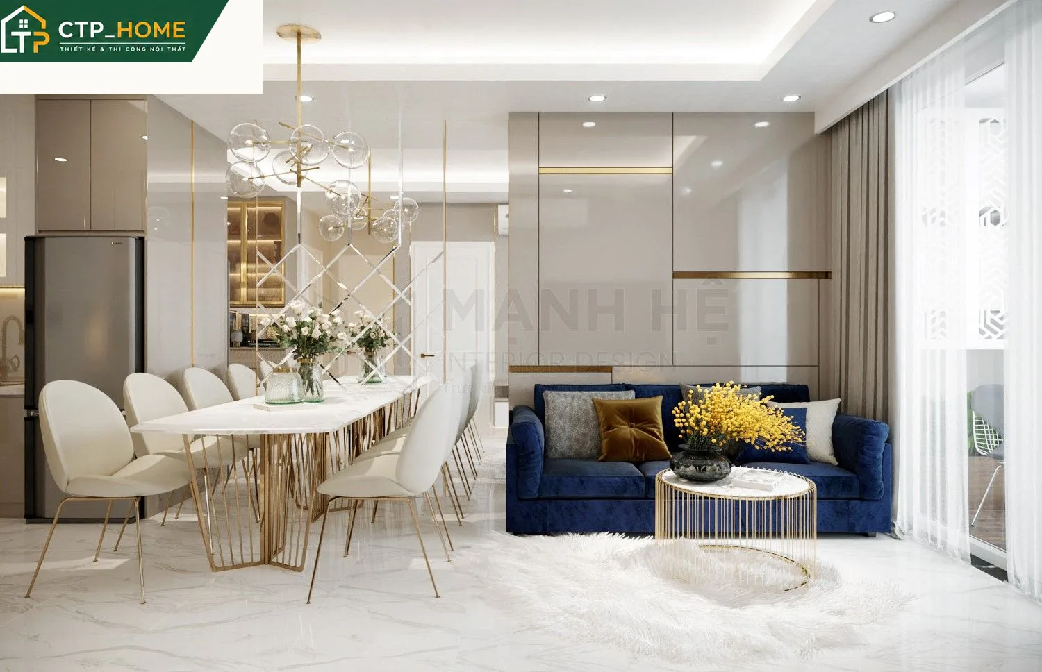 Thiết kế nội thất chung cư Mia Trung Sơn 65m2 phòng khách hiện đại với tone xám – be chủ đạo