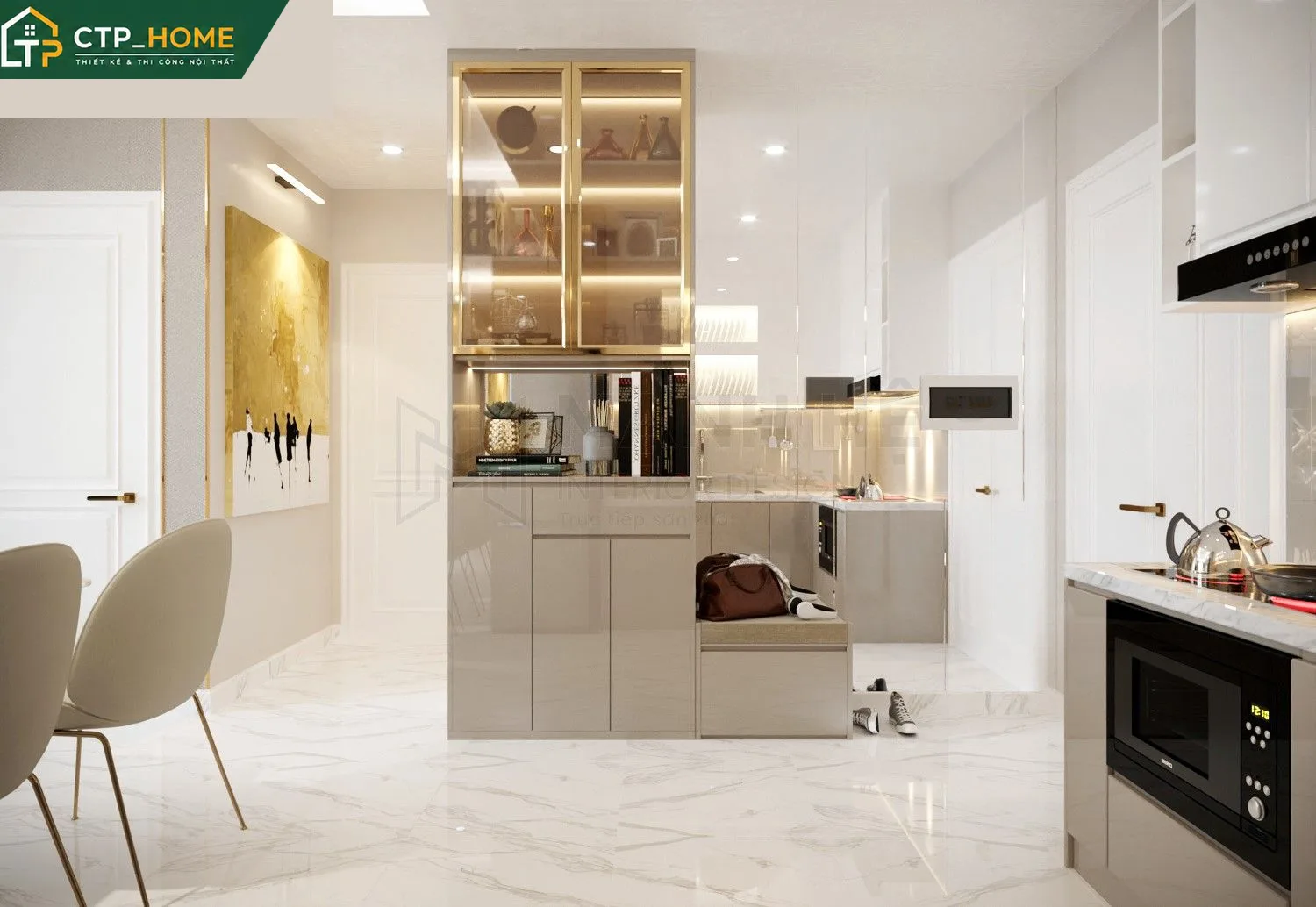 Thiết kế nội thất chung cư Mia Trung Sơn 65m2 phòng bếp hiện đại với tủ chữ L và đảo bếp nhỏ