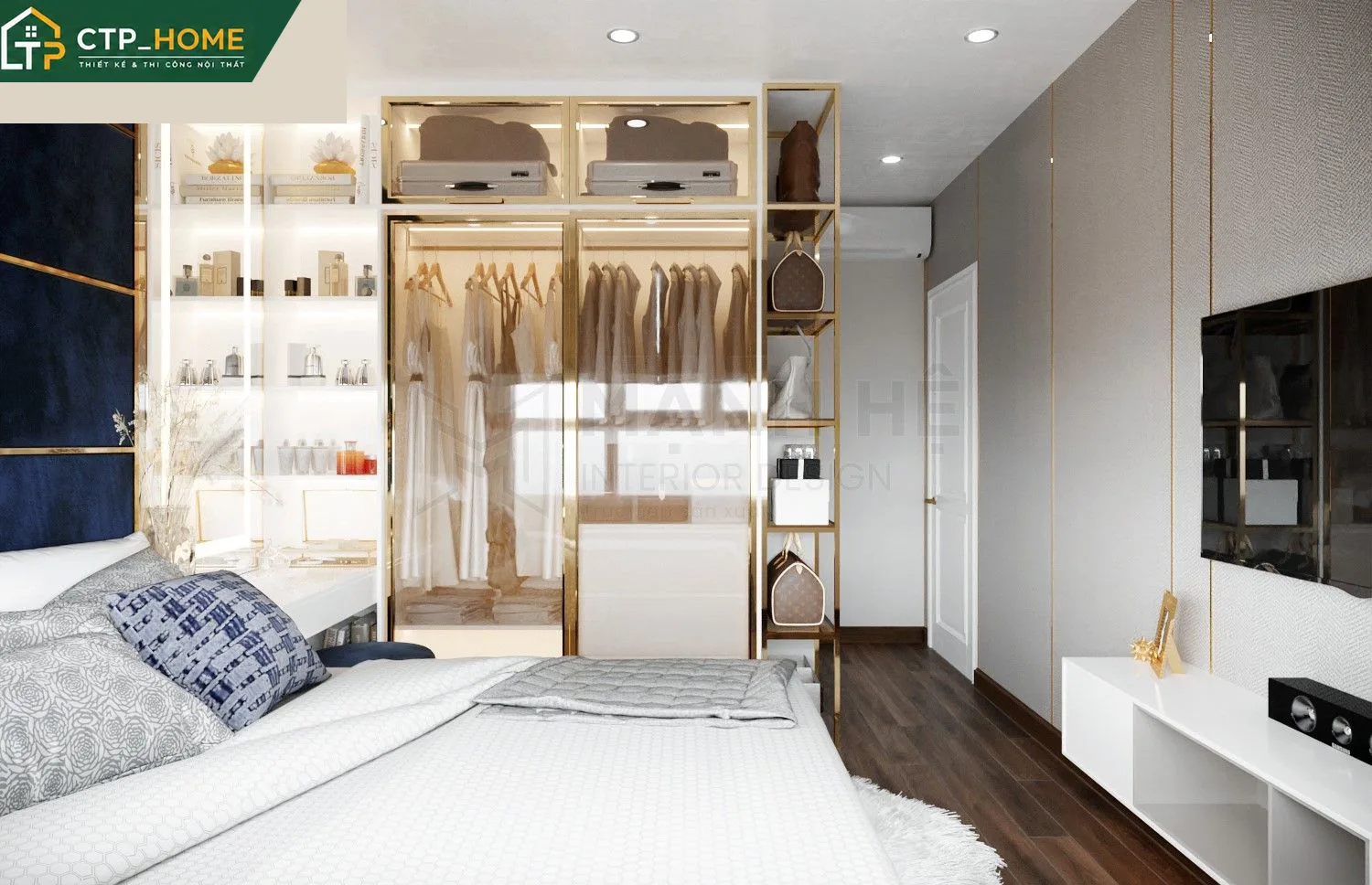 Thiết kế nội thất chung cư Mia Trung Sơn 65m2 phòng ngủ chính sang trọng với giường thấp và tủ âm tường
