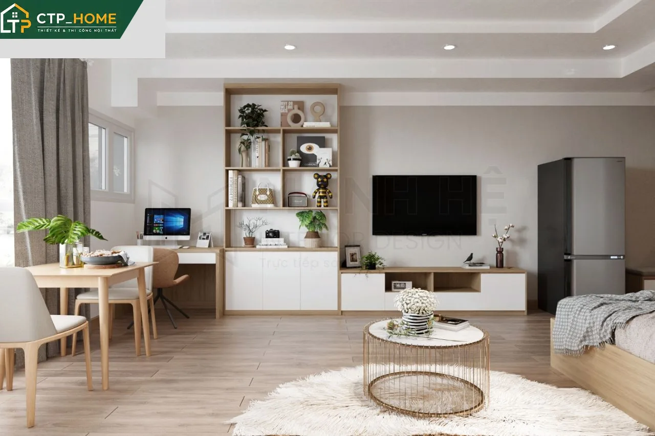 Thiết kế nội thất chung cư Vinhomes Grand Park 31m2 – giường ngủ tích hợp tủ lưu trữ thông minh