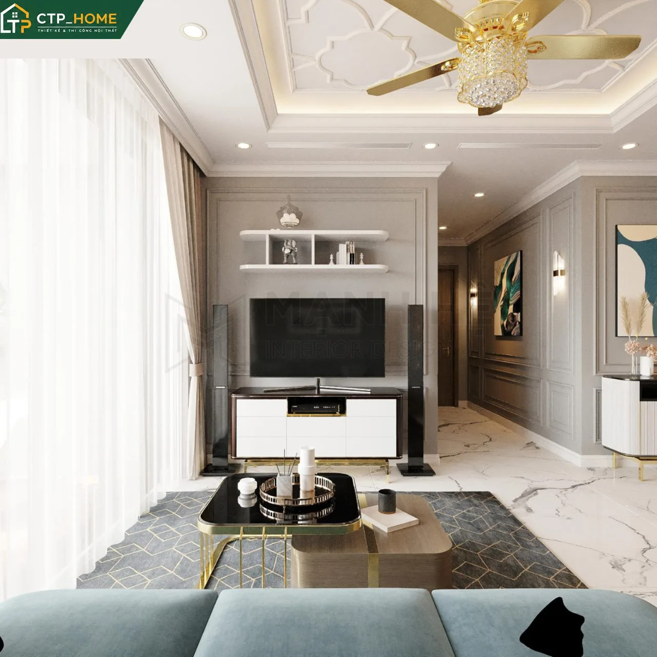 Thiết kế nội thất phòng khách chung cư Vinhome Central Park 97m2 hiện đại với sofa da cao cấp và kệ tivi gỗ óc chó