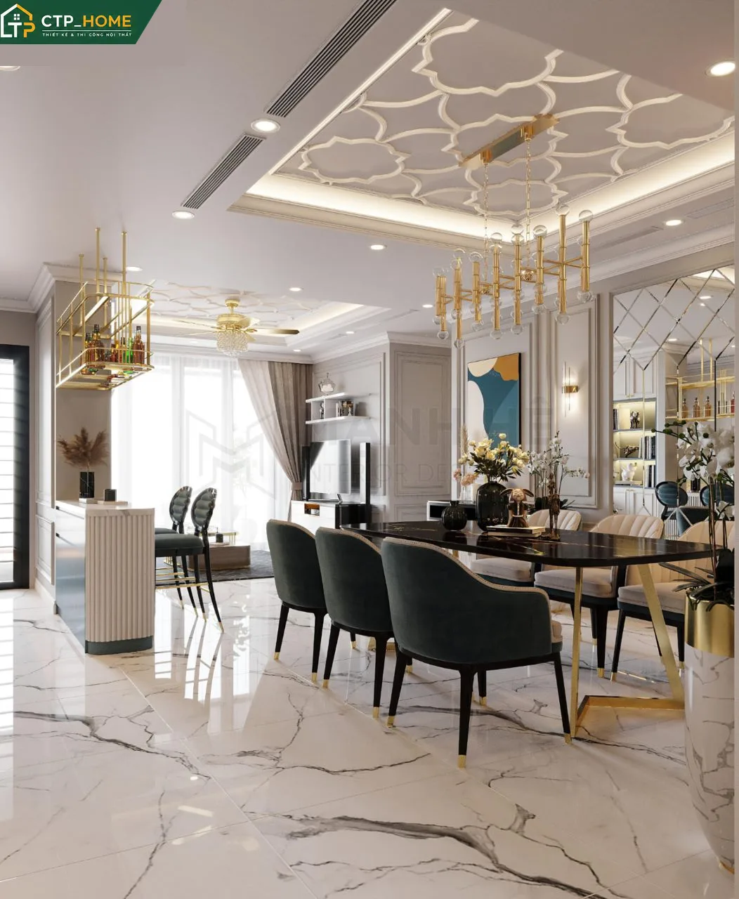 Góc bếp thiết kế nội thất chung cư Vinhome Central Park 97m2 với tủ bếp gỗ óc chó và mặt đá marble trắng Ý