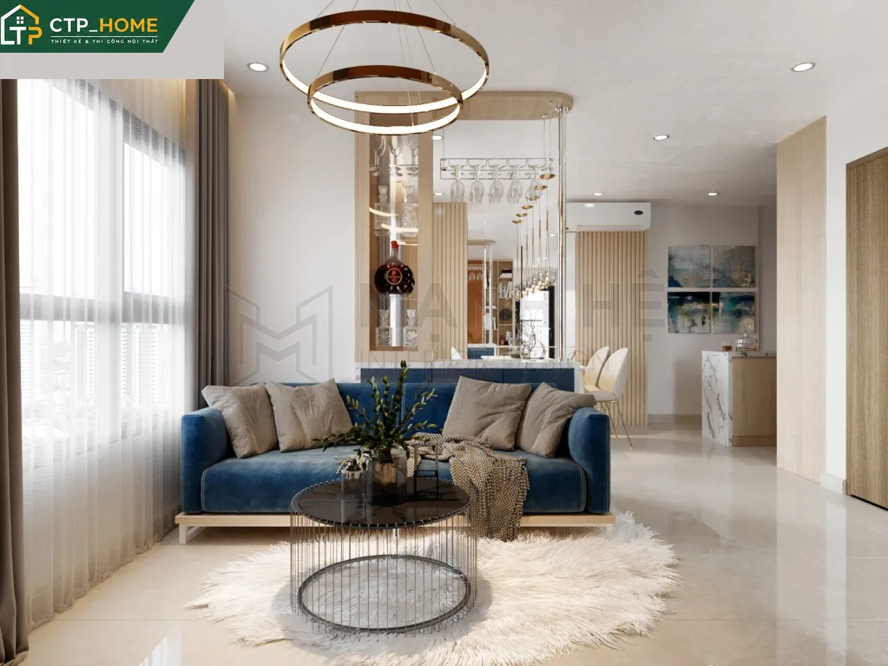 Phối cảnh phòng khách chung cư Vinhomes Grand Park Q9 69m2 hiện đại với sofa góc và kệ tivi gỗ óc chó