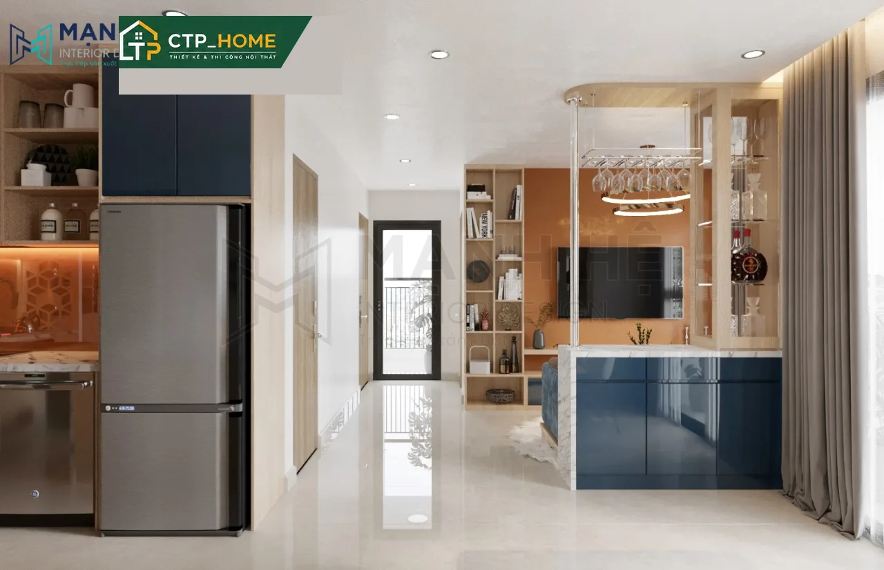 Góc bếp thiết kế nội thất Vinhomes Grand Park Q9 69m2 với tủ bếp gỗ veneer óc chó và mặt đá nhân tạo