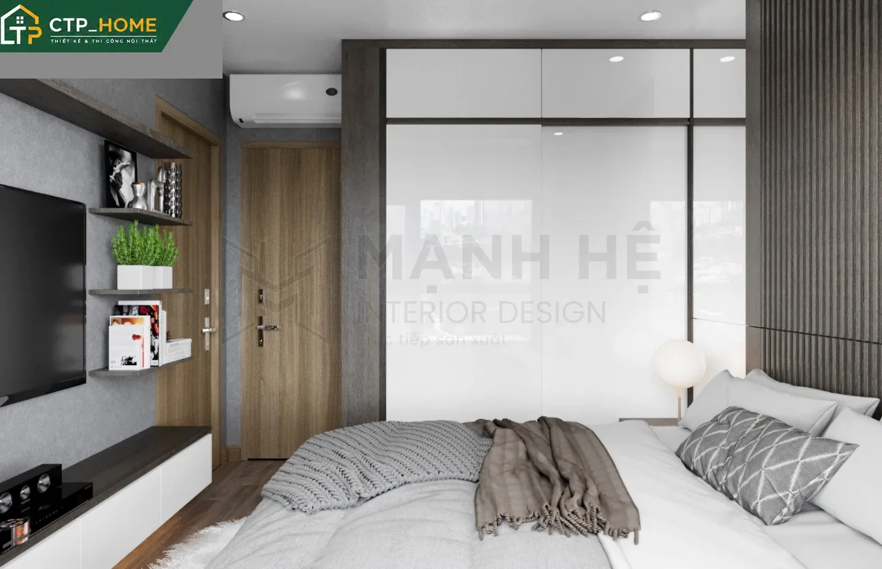 Phòng ngủ chính thiết kế nội thất chung cư Vinhomes Grand Park Q9 69m2 với giường gỗ óc chó và tủ áo cánh lùa