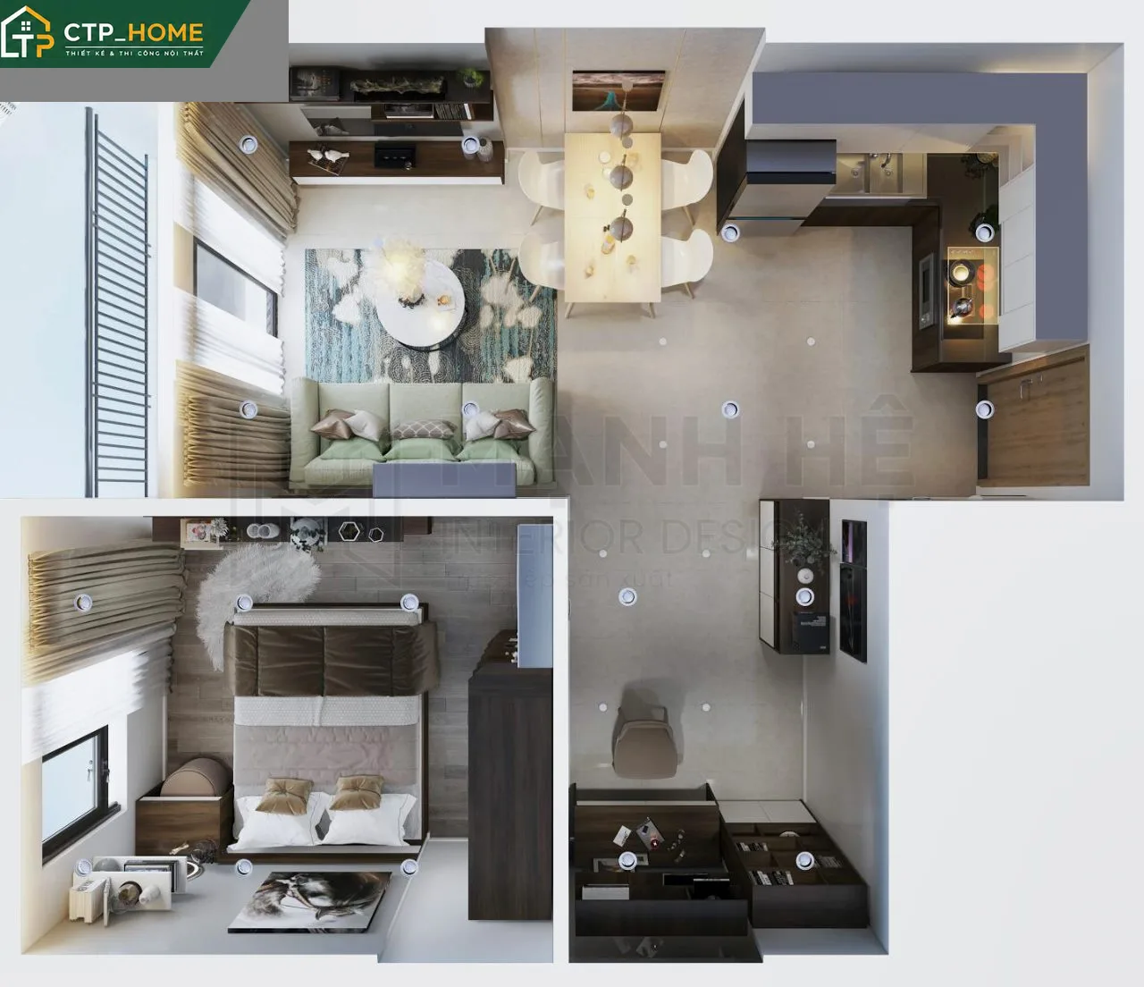 Thiết kế nội thất chung cư Vinhomes Grand Park 46m2 1PN phòng khách mở kết hợp bếp hiện đại