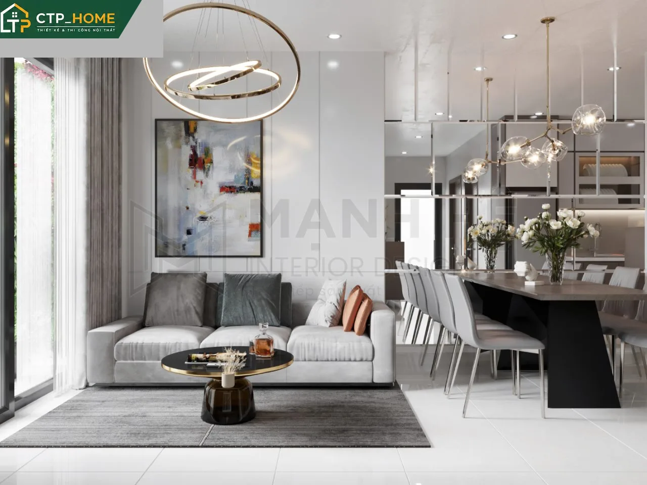 Thiết kế nội thất phòng khách chung cư Vinhomes Grand Park 59m2 với sofa chữ L và kệ tivi âm tường