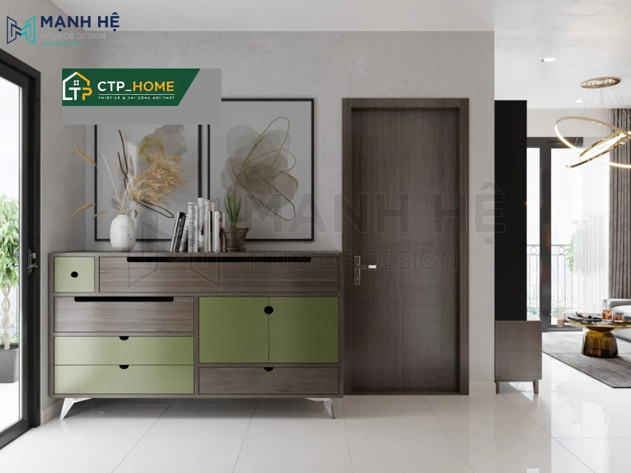 Thiết kế nội thất phòng ngủ chính chung cư Vinhomes Grand Park 59m2 với giường ngủ âm tường và tủ quần áo kịch trần