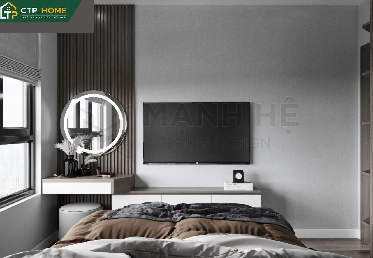 Góc làm việc tích hợp trong phòng ngủ nhỏ chung cư Vinhomes Grand Park 59m2 với bàn gấp và kệ sách treo tường