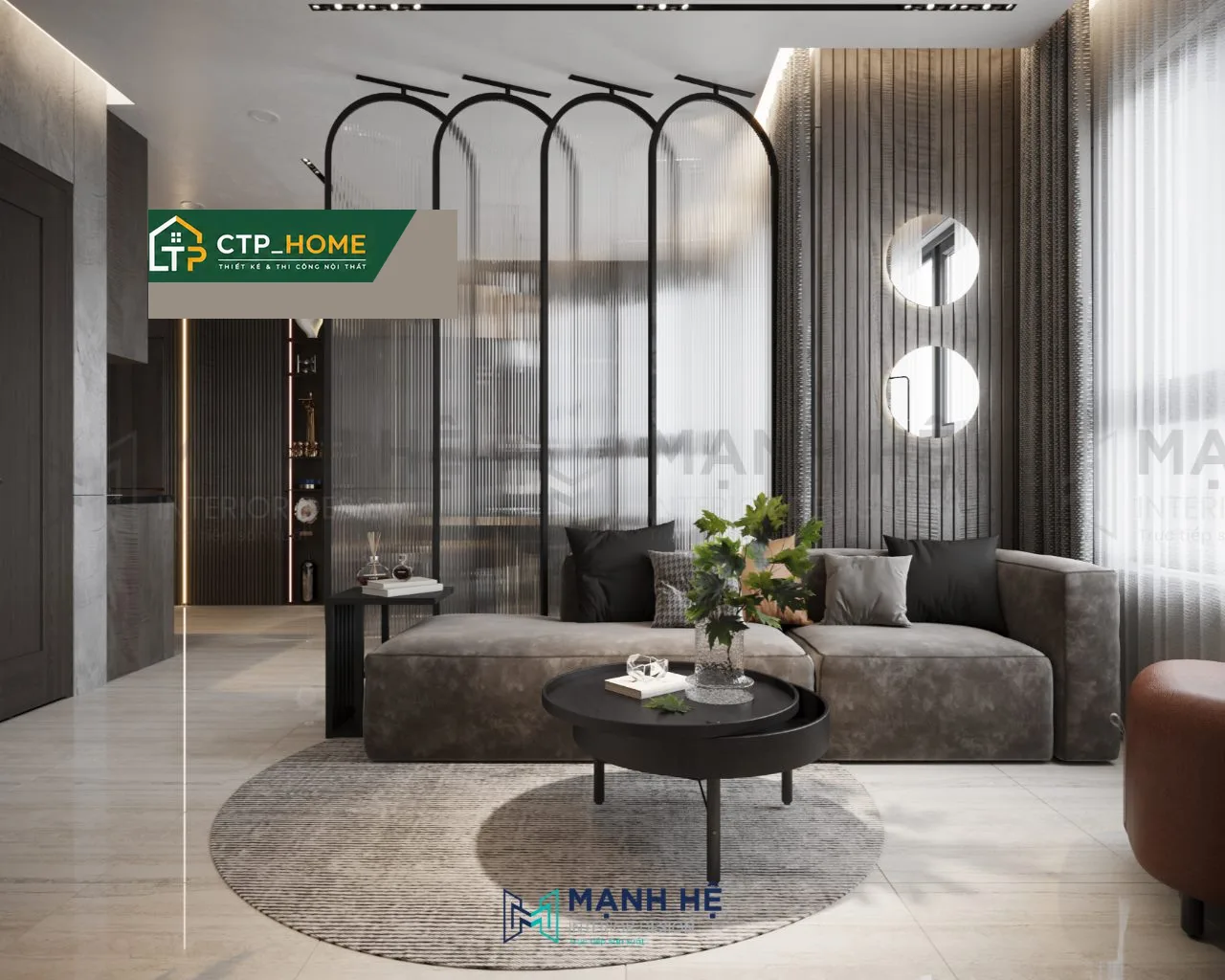 Thiết kế nội thất chung cư Vinhomes Grand Park 69m2 phòng khách hiện đại với sofa góc và kệ tivi gỗ sồi tự nhiên