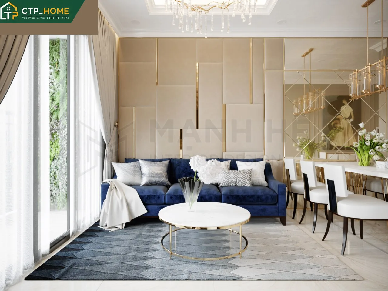 Thiết kế nội thất phòng khách chung cư Vinhomes Grand Park 81m2 hiện đại với sofa góc cao cấp và hệ tủ âm tường tinh tế