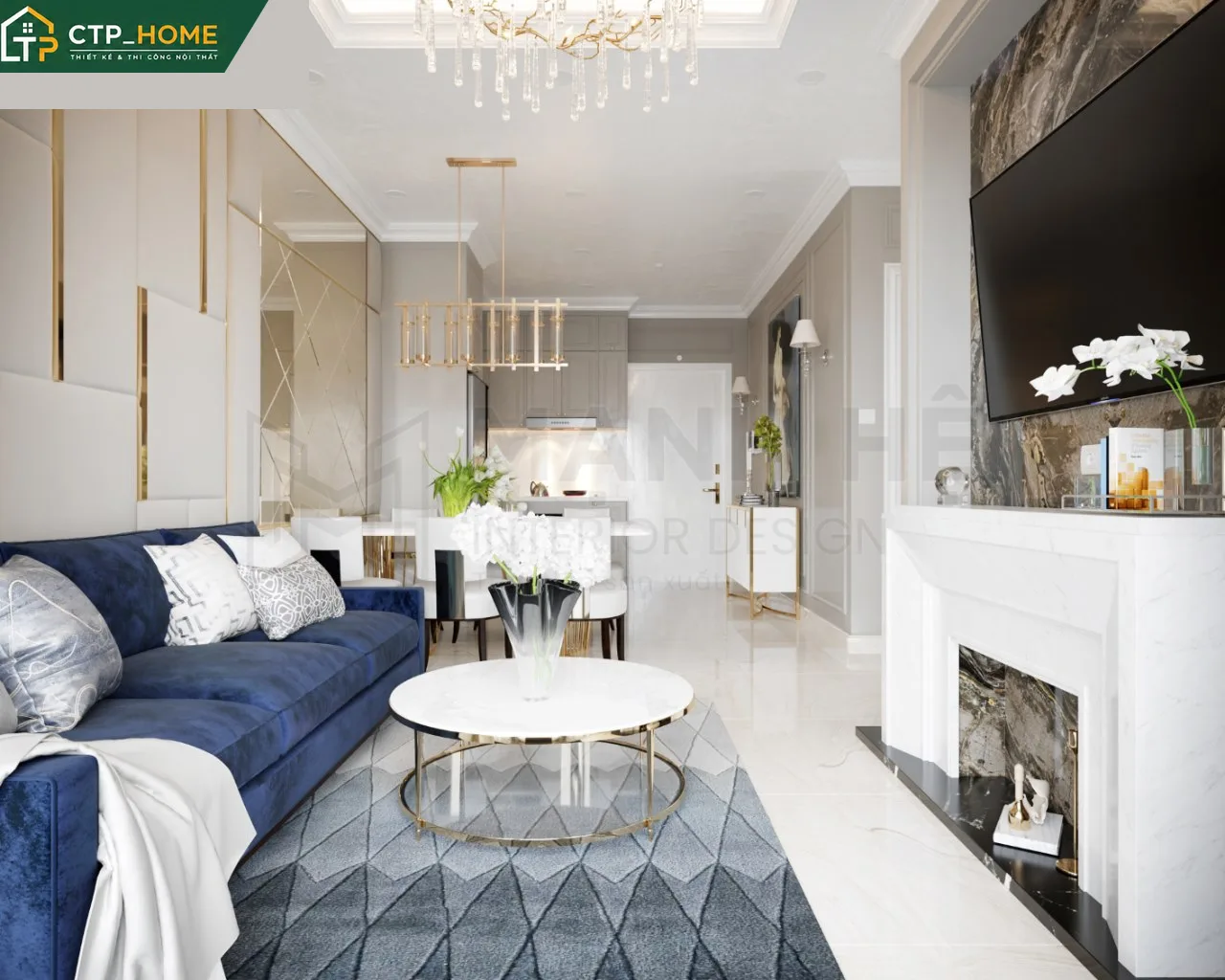 Thiết kế nội thất phòng ngủ master chung cư Vinhomes Grand Park 81m2 với giường bọc da, tủ âm tường và hệ đèn led giấu trần hiện đại