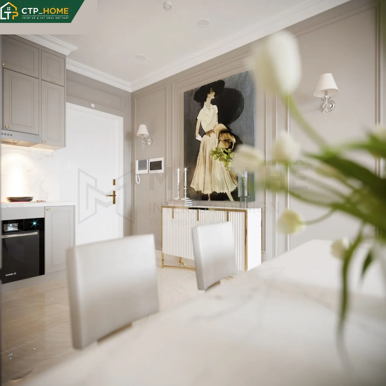Thiết kế nội thất phòng bếp chung cư Vinhomes Grand Park 81m2 với tủ bếp chữ L, đảo bếp và thiết bị nhà bếp thông minh nhập khẩu