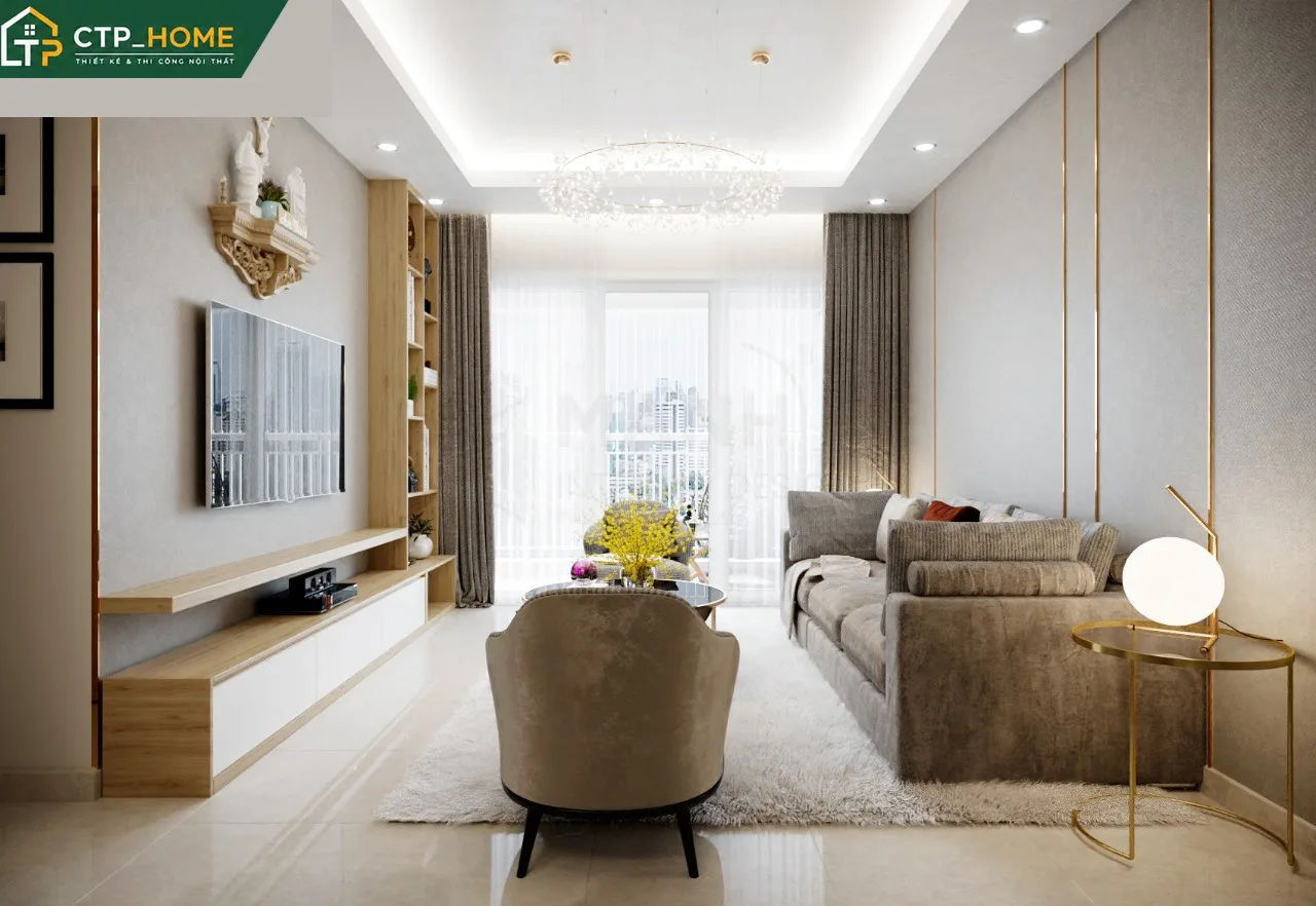 Phòng khách chung cư Celadon Ruby 72m2 thiết kế hiện đại với sofa góc và kệ tivi gỗ sồi tự nhiên